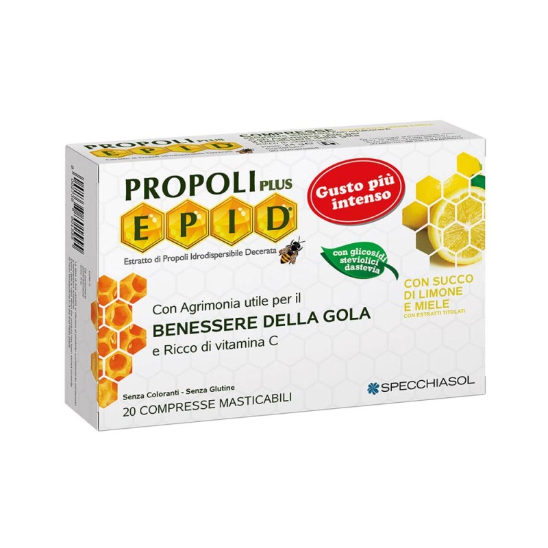 E.P.I.D.
Propoli Plus
con Agrimonia utile per il benessere della gola e ricco di vitamina C
con succo di limone e miele