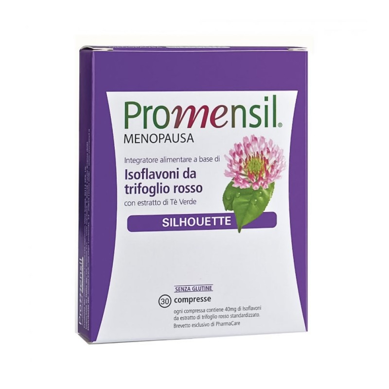 Promensil
Silhouette
Menopausa
Integratore alimentare a base di isoflavoni da trifoglio rosso con estratto di tè verde