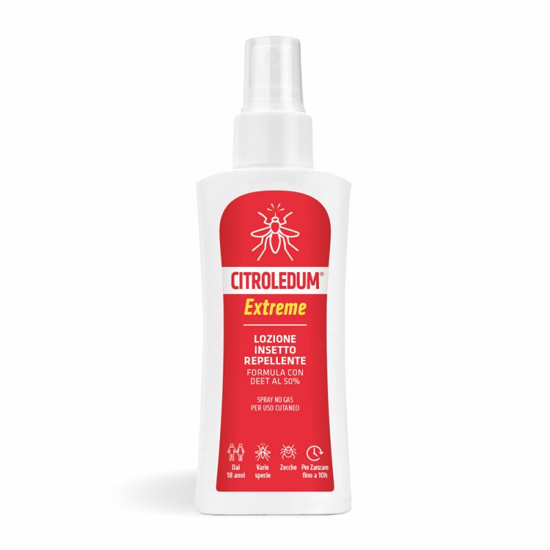 Citroledum
Extreme Spray
Lozione insetto repellente
Formula con deet al 50%
spray no gas per uso cutaneo