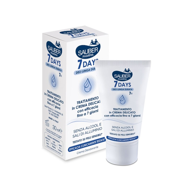 Sauber Pharma
7DAYS Deo Lunga durata
crema deodorante
Trattamento in crema delicato con efficacia fino a 7 giorni