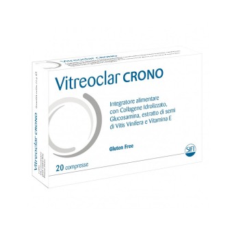 Vitreoclar crono
Integratore alimentare con collagene idrolizzato, glucosamina, estrati di semi di vitis vinifera e vitmina E