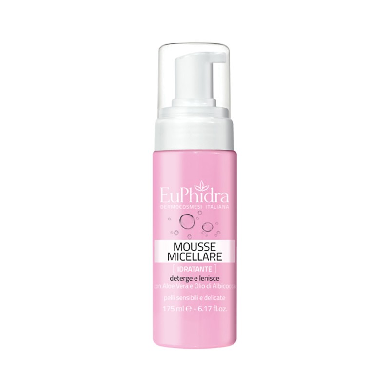 EuPhidra
Mousse Micellare idratante
Deterge e lenisce
per pelli sensibili e delicate
con aloe vera e olio di albicocca
