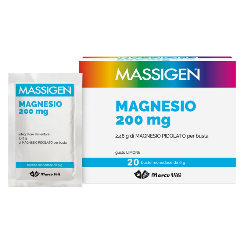 Massigen
Magnesio 200 mg
2,48 g di magnesio pidolato per busta
gusto limone
confezione 20 bustine monodose da 6 g