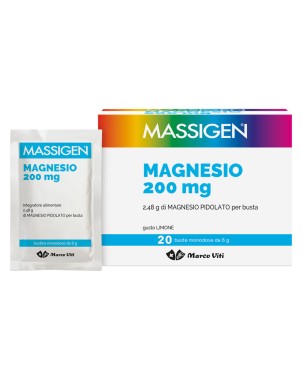Massigen
Magnesio 200 mg
2,48 g di magnesio pidolato per busta
gusto limone
confezione 20 bustine monodose da 6 g