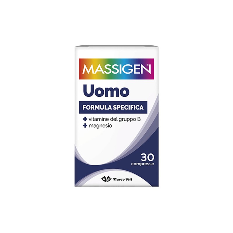 Massigen
Uomo
formula specifica
+vitamine del gruppo B
+ magnesio
pilloliera da 30 compresse