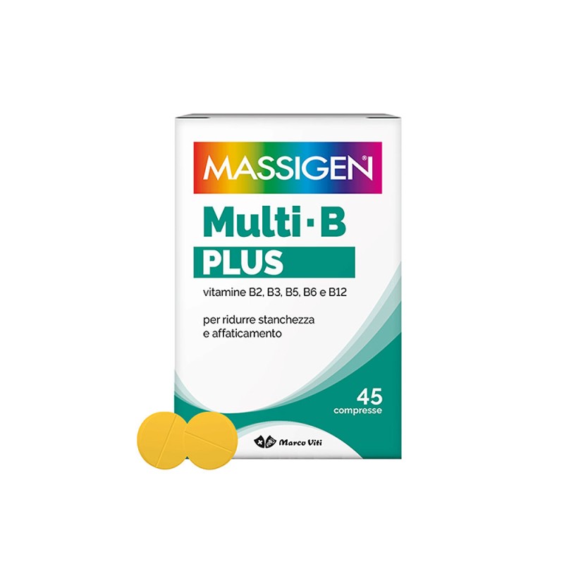 Massigen
Multi-B Plus
vitamine B2, B3, B5, B6 e B12
per ridurre stanchezza e affaticamento
scatola da 45 compresse
