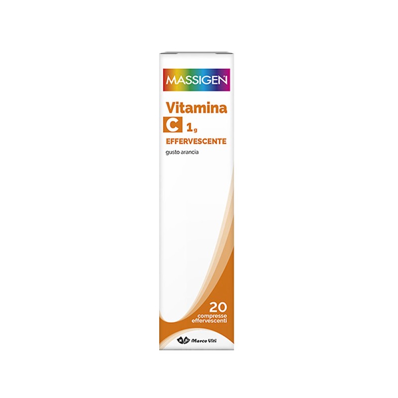 Massigen
Vitamina C 1g effervescente
gusto arancia
senza glutine | senza lattosio
confezione da 20 compresse effervescenti
