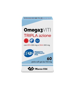 Omega3 VITI
tripla azione
con EPA 150 mg e DHA 100 mg
barattolo 60 perle soft gel da 700 mg
