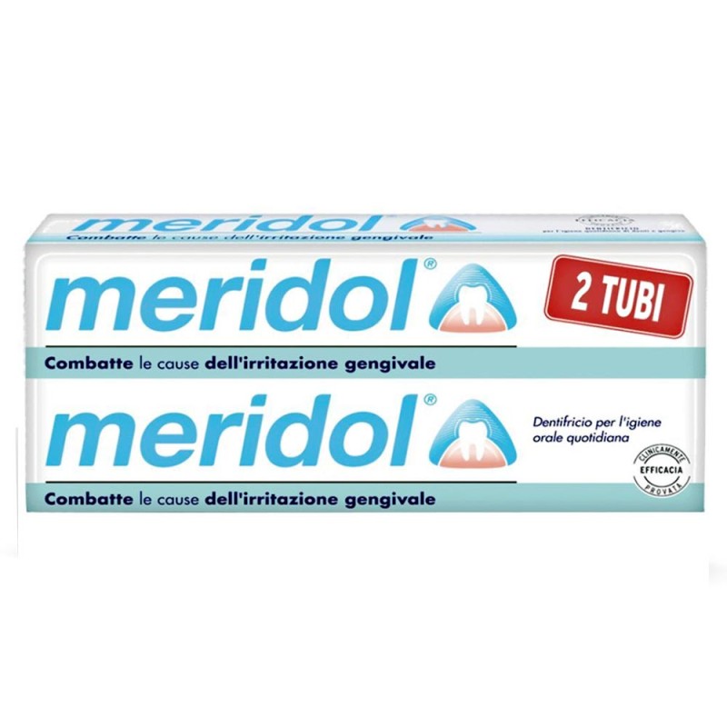 Meridol Dentifricio 2 Tubi 75 ml indicato per l'igiene orale quotidiana, combatte le cause dell'irritazione gengivale.