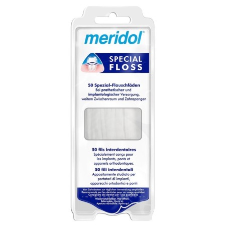 Meridol
Special floss
Appositamente studiato per portatori di impianti, apparecchi ortodontici e ponti.