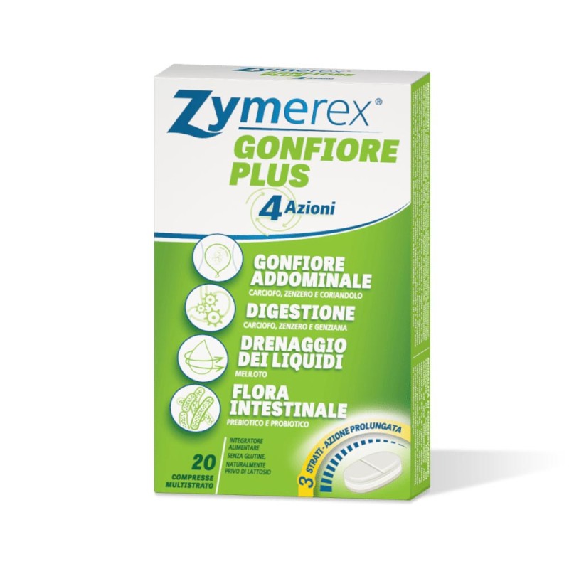 Zymerex Gonfiore Plus 20 compresse gonfiore addominale, digestione, drenaggio dei liquidi, flora intestinale.