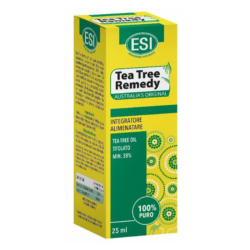 ESI
Tea tree remedy
teatree oil titolato min. 38%
100% puro
flacone da 25 ml