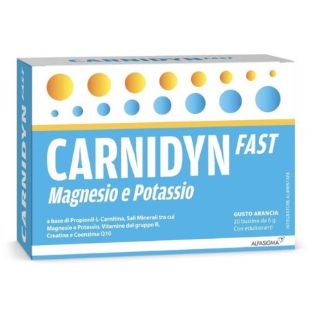 Carnidyn Fast magnesio e potassio 20 bustine integratore alimentare utile in caso di stanchezza fisica e affaticamento muscolare
