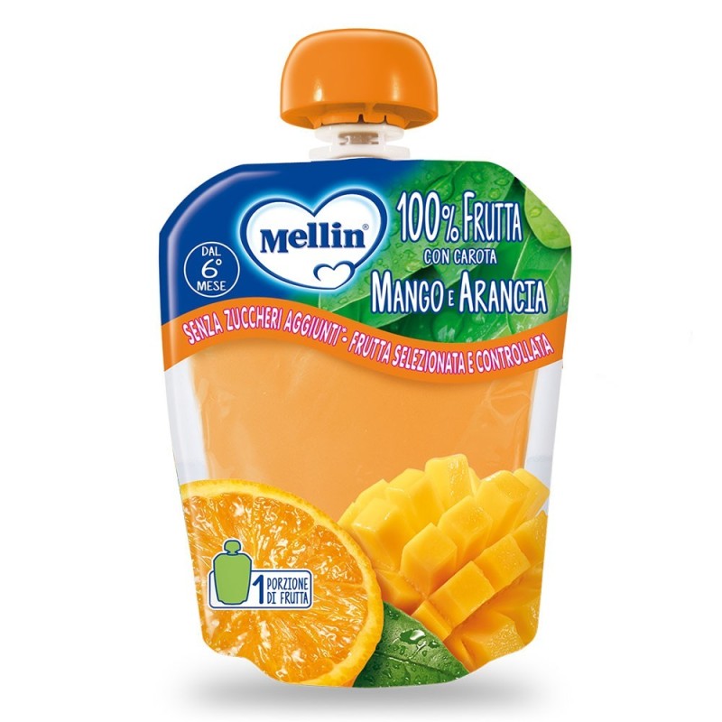 Mellin
pouch
mango e arancia
100% frutta con carota
6 mesi+
Confezione da 90 g