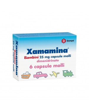 Xamamina bambini 25 mg 6 capsule utile nella prevenzione dei malesseri causati da mal di mare, d'aereo, d'auto e di treno.