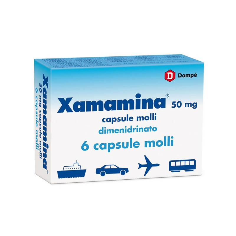 Xamamina 6 capsule molli antinausea utilizzato per il mal di mare, d'aereo, d'auto e di treno.