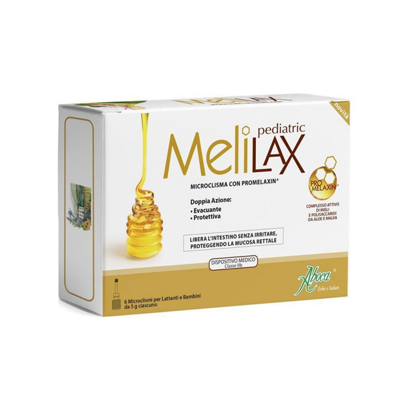 Melilax Pediatric 6 microclismi monouso libera l'intestino senza irritare, proteggendo la mucosa rettale.