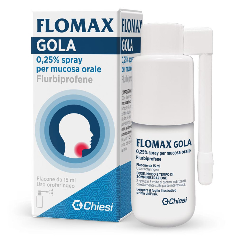 Flomax Gola Spray Indicato per il trattamento sintomatico di mal di gola, faringiti, gengiviti e stomatiti.