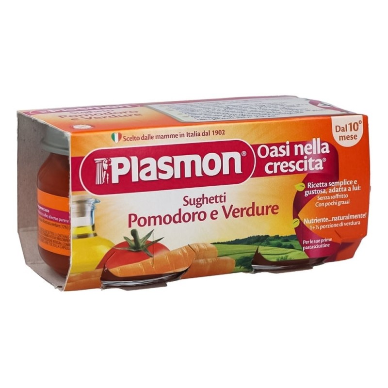 Plasmon
Sughetti
pomodoro e verdure
10 mesi+
Confezione 2 vasetti da 80 g