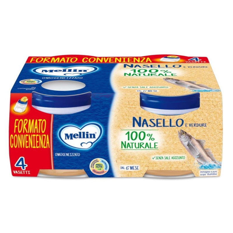 Mellin Omogeneizzato Nasello e verdure 6 mesi+ 4X80 g Alimento 100% naturale indicato dal 6° mese del bambino