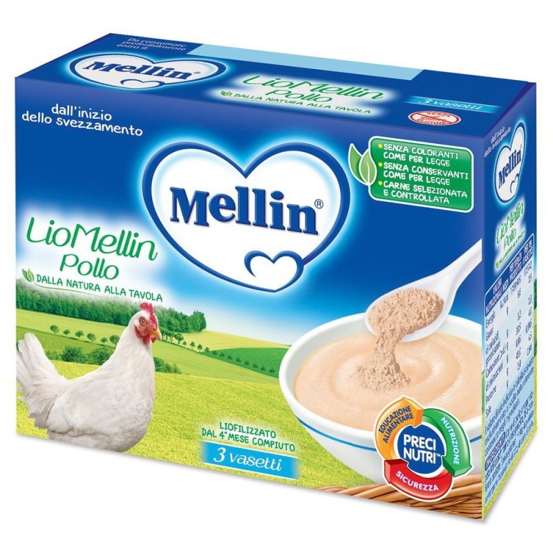 Mellin
LioMellin
liofilizzato pollo
4 mesi+
confezione 3 vasetti da 10 g