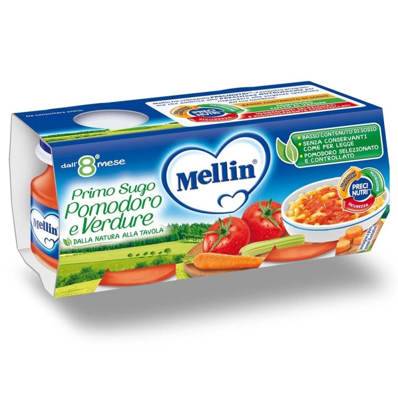 Mellin
primo sugo
pomodoro e verdure
8 mesi+
confezione 2 vasetti da 80 g