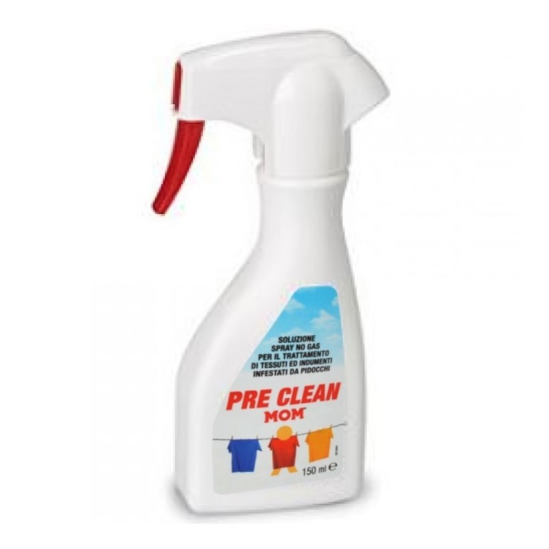 Mom
pre clean
Soluzione spray no gas per il trattamento di tessuti ed indumenti infestati da pidocchi
Flacone spray da 150 ml