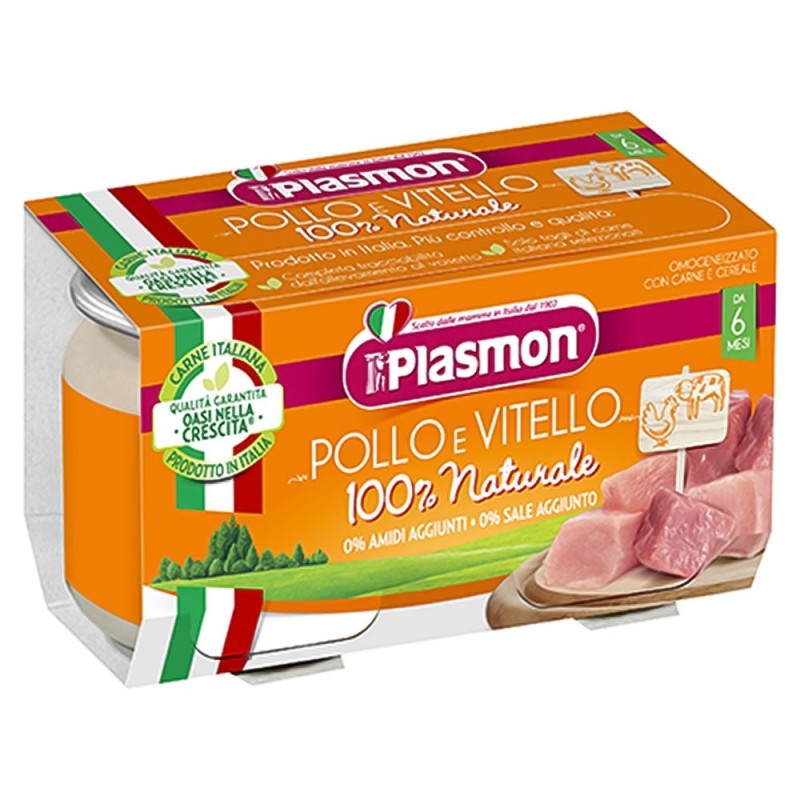 Plasmon
omogeneizzato
pollo e vitello
100% naturale
6 mesi+
confezione 2 vasetti da 80 g